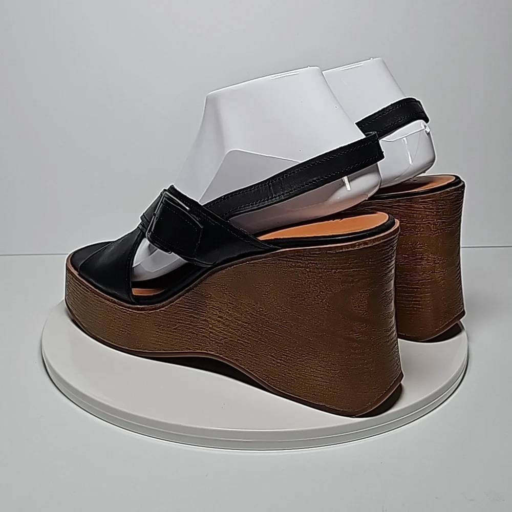 Lucky Brand Delaynee Black Leather Platform Wedge Sandals 8.5 NWOT Boho Resort